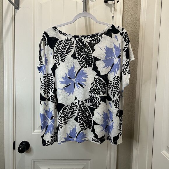 Laura Ashley Floral Black Blue Faux Button Short Sleeve Linen Blend Top Size XL - Picture 5 of 8